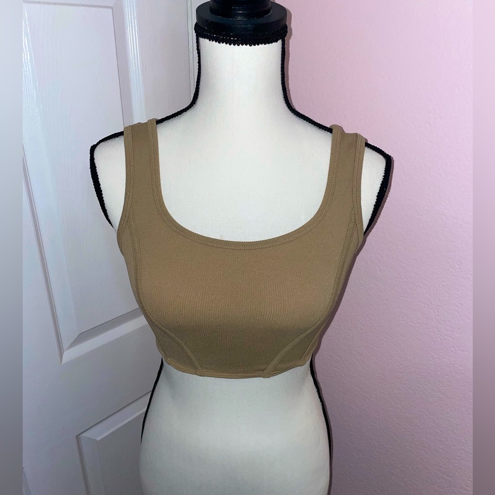 Tan crop top, size S/M, 95% nylon 5% spandex